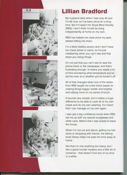 Client profile of Lillian Bradford and three images of her pouring milk, checking a recipe and checking flour measurement