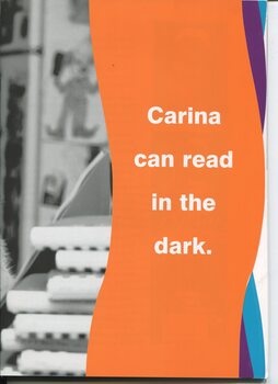 White letters on orange background: Carina can read in the dark