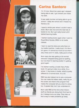 Client profile of Carina Santoro and three images of her holding a kitten, playing chess and using a Perkins