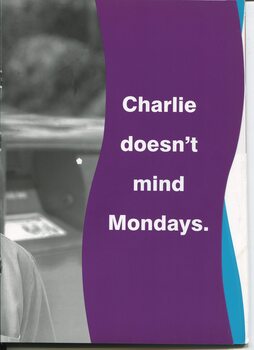White letters on purple background: Charlie doesn't mind Mondays