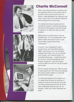 Client profile of Charlie McConnell and three images of him at a keyboard, walking with a cane and using a Perkins