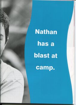 White letters on teal background: Nathan has a blast at camp
