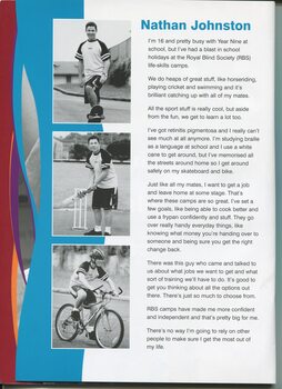 Client profile of Nathan Johnston and three images of him riding a skateboard, at bat in cricket and riding a bike