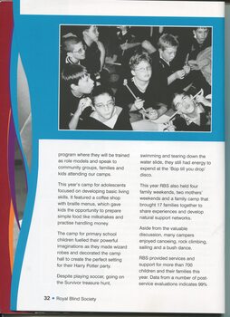 Overview of camps run by RBS for kids and teenagers and image of group of seated children dressed as wizards playing with sticks and other objects