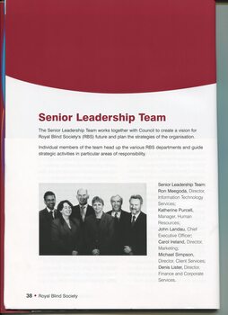 Senior Leadership team with image of Ron Meegoda, Katherine Purcell, John Landau, Carol Ireland, Michael Simpson and Denis Lister