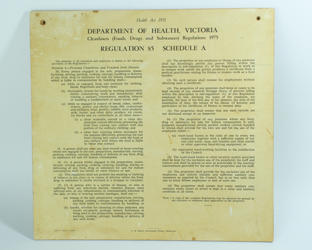 Regulation 85 Schedule A of Cleanliness (Food, Drugs and Substances) Regulations 1975 reprinted on square sign