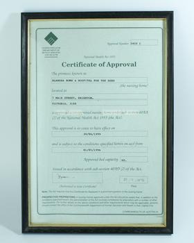 Black writing on cream paper stating Elanora was approved under the National Health Act 1953