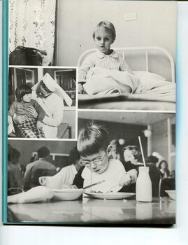 Child in bed, nurse holding child and another child eating food in the dining room
