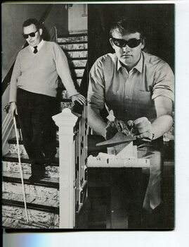 Man walking downstairs using long cane and man using plane in a woodshop