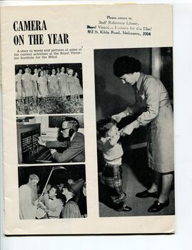 Group of school children singing on stage, switchboard operator, children in costumes and woman holding toddler's hands as he moves