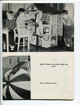 Children playing with Sunbeam doll house and schoolboy on inflated ball under slide