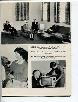Four older people listen to a talking book cartridge in a lounge, women with flowers and man listening to television