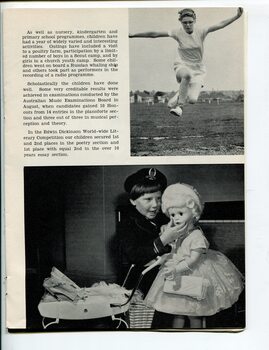 A girl does the long jump at school sports whilst another feels a doll's face 