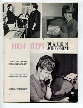 Cathryn shaking hands with headmistress, Faye with books at locker and Joan working as typist-receptionist