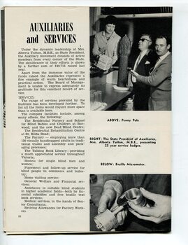 Three people stand beside a penny pole (structure made of pennies) and man holding a Braille micrometer