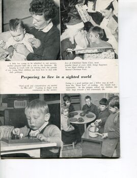 Mother with baby, Santa giving out presents to children, young boy does finger exercise in nursery and five children around table whilst another 'cooks' dinner