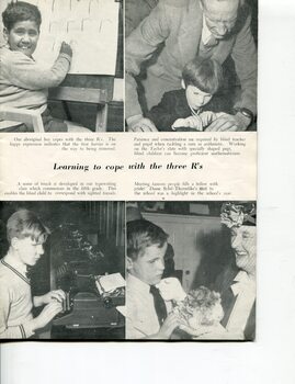 Boy learning letter 'r', teacher and student working on math problem, boy at typewriter and boy presents flowers to Dame Sybil Thorndike