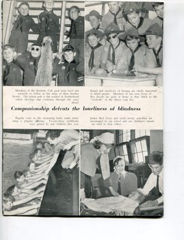 Junior and Senior groups of Scouts, row of children in pool holding the side and Junior Red Cross practice treating a patient