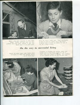Pupil and teacher at the piano, boy working clay in pottery class, two woman weaving baskets and woman working in brush factory