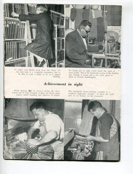 Schoolgirl getting book from shelves in library, man at weaving loom, man making rotary broom and man operating broom stitching machine