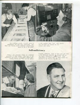 Two males making a wooden ladder, man on ham radio, man selling Reader Digest to woman at kiosk and University graduate in his robes
