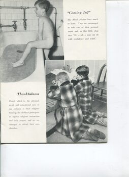 Boy getting into bath and two boys in dressing gowns kneeling beside their beds and they pray