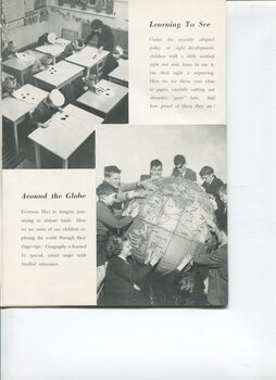 Children in classroom cutting out party hats and group of children feeling oversized globe