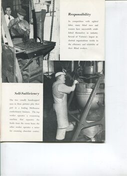 Man tipping a bucket of cocoa beans on to a winnowing machine and another mixing a giant vat of in a confectionary kitchen