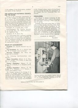 Board of Management report for the year ended 1953 and man using a mortising machine in the woodshop