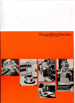 Orange background with five images: typing, pot on stove, Braille library, person working at screen magnifier and child playing
