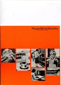 Orange background with five images: typing, pot on stove, Braille library, person working at screen magnifier and child playing