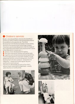 Overview of children's services and images of child playing, woman speaking to child and physical therapy with child