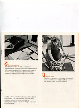 Images of female using Optacon to read a page and a worker at the Mitchell Manufacturing