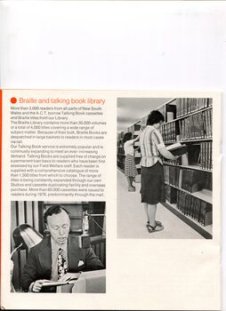 Overview of library and images of woman retrieving books from Braille library and man speaking into microphone