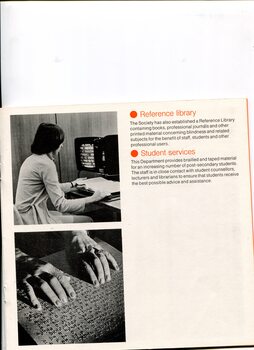 Woman sitting at screen magnifier reading a book and elderly hands reading Braille