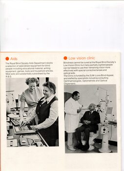 Images of woman with a tactile game and an ophthalmologist about to examine a man's eyes