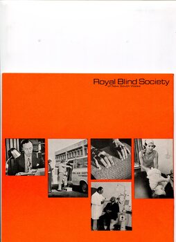 Orange background with five images: man reading into microphone, man boarding bus, reading Braille, man having eyes examined and child experiencing physical therapy