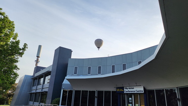 Hot air balloon above Kooyong building, view from forecourt