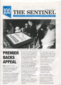 Article 'Premier backs the appeal' and image of Vic Premier Jeff Kennett about to cut the 100 years cake