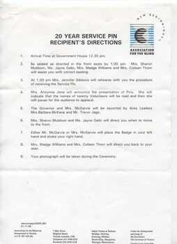 Printed directions on chain of events during ceremony to receive 20 year service pin