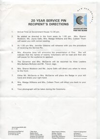 Printed directions on chain of events during ceremony to receive 20 year service pin