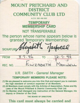 Elizabeth Maxwell's membership card to Mt Pritchard and District Community Club in 1996