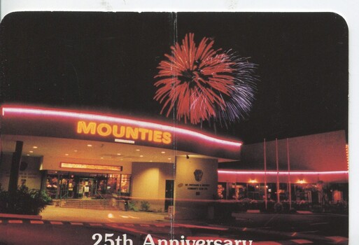 Rear of card with image of outside of club at night and words '25th Anniversary'