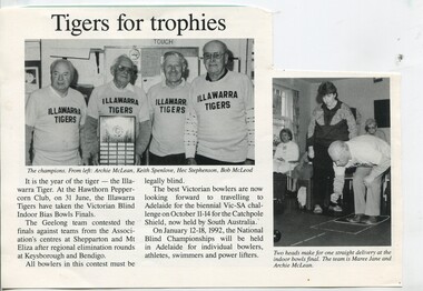 Article on Illawarra Tigers Bowling team with image of team and one bowler on the green