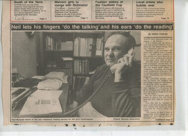 Newspaper article about Neil Maxwell and Newsline, with image of Neil and a telephone