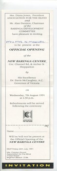 Invitation to the opening of the New Baringa Centre for Mr and Mrs N Maxwell