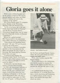 Article about blind bowler Gloria Pascoe and image of her on the green