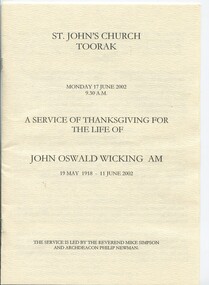 Front cover of order of service for John Wicking