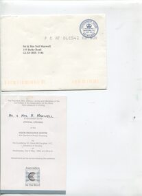 Invitation card and envelope addressed to Mr and Mrs N Maxwell