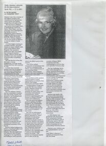 Photocopied newspaper obituary and image of Marg Lane